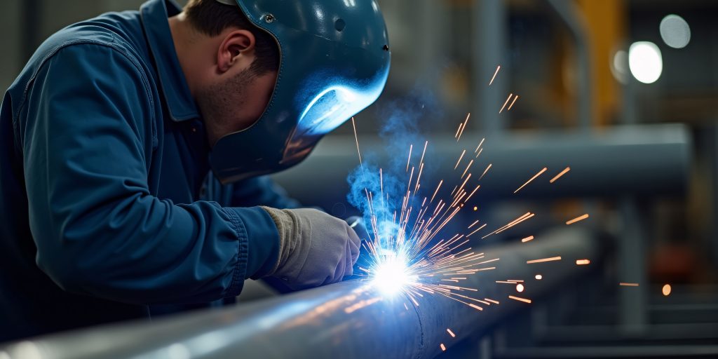 Arbeiter beim Schweißen mit Schweißerhelm